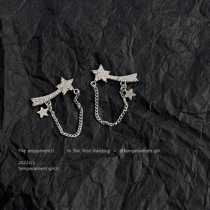Silver Crystal Shooting Star Chain Climber Stud Earrings