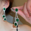Silver Tone Green Rectangle Chain Drop Earrings With Clear Halos view 3