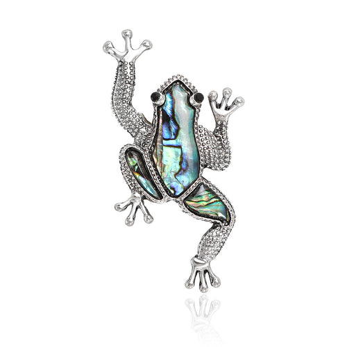 Silver abalone shell frog brooch front view on white