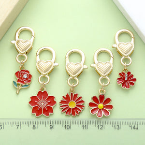 Enamel Flower and Heart Keychain Charms, Rose Daisy Sunflower, Gold-Tone
