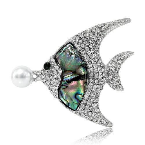 Front view of the silver tone tropical fish brooch with shell inlay and pearl brooch and its color options