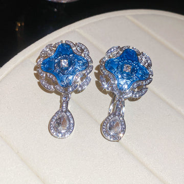 Silver Blue Enamel Star Drop Earrings Crystal Teardrops