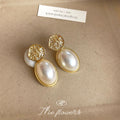 Gold Hammered Disc Stud Oval Pearl Drop Earrings Pair view 3