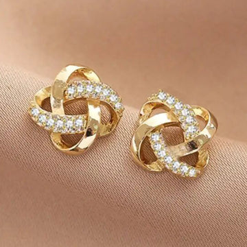 Gold Tone Knot Stud Earrings with Clear Stones Polished Metal Jewelry