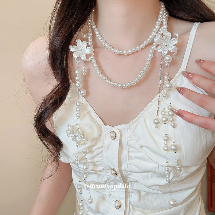 White Flower Pearl Layered Long Necklace Statement Jewelry