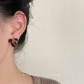 Wine Red Enamel Geometric Flower Stud Earrings Gold Outline view 2