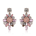 Red Silver Tone Pink Crystal Floral Cluster Metal Dangle Earrings view 1