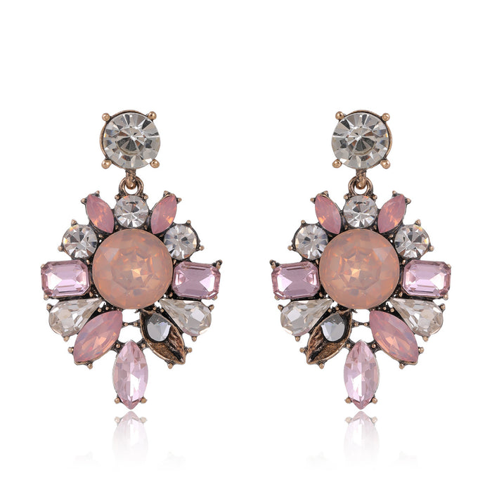 Red Silver Tone Pink Crystal Floral Cluster Metal Dangle Earrings