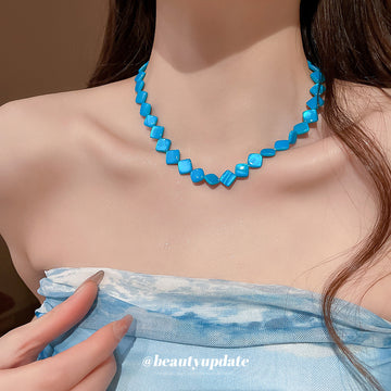 Turquoise Blue Diamond Shell Bead Strand Necklace Silver