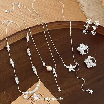 Silver Pearl Flower Necklaces And Floral Earring Pieces
