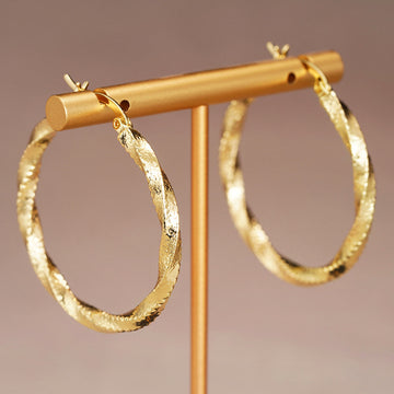 Gold Textured Hammered Twisted Round Hoop Clip Earrings Pair