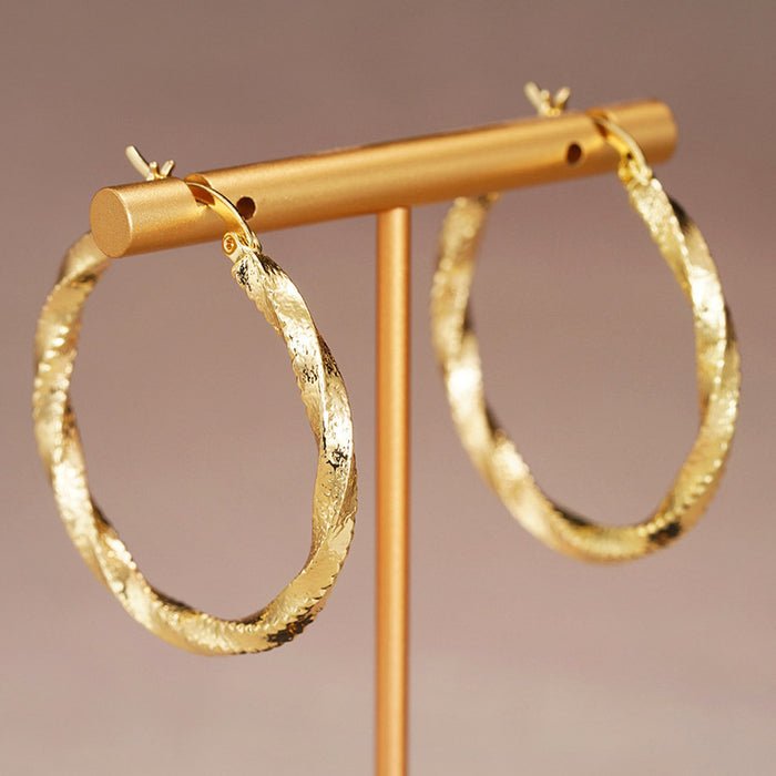 Gold Textured Hammered Twisted Round Hoop Clip Earrings Pair