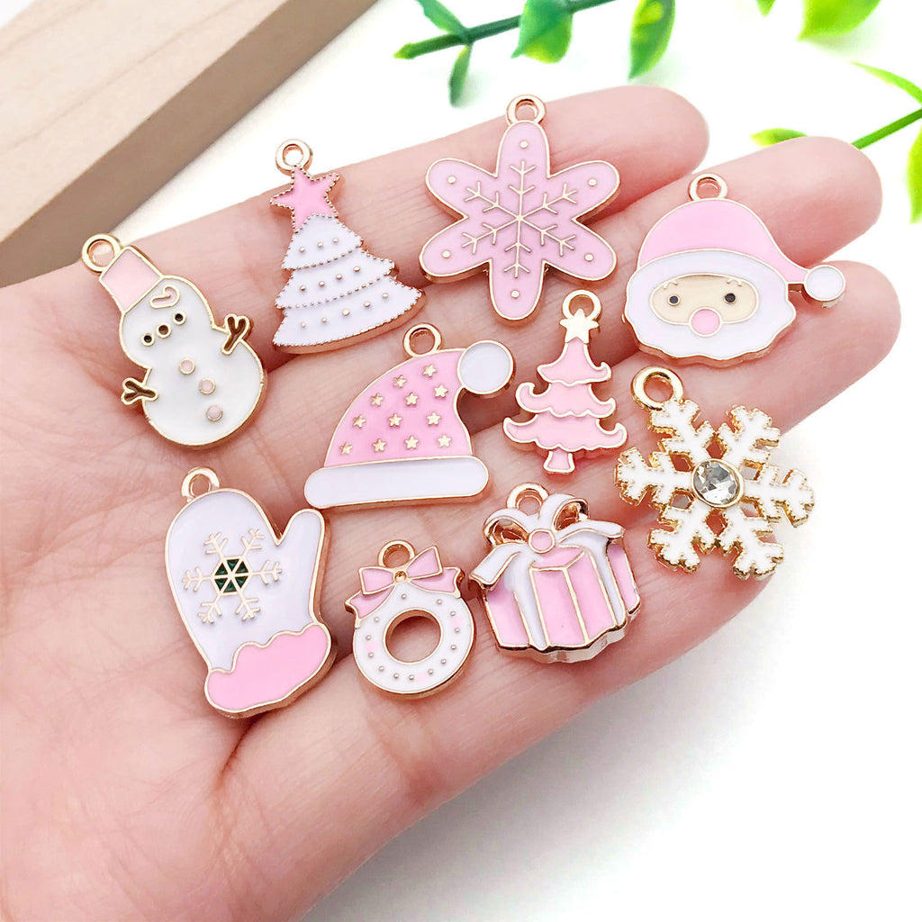 Pink White Enamel Zinc Alloy Santa Snowflake Gift Box Snowman Charm Pendant for Bracelets