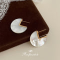 White Pearlescent Disc Stud Earrings With Gold Tone Square Cutout view 2