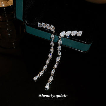 Silver Crystal Branch Long Tassel Earrings Fashion Jewelry