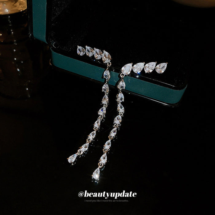 Silver-Tone Cubic Zirconia Branch Earrings with a Long Tassel