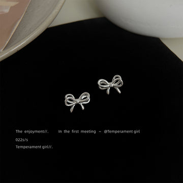 Silver Tone Double Loop Wire Ribbon Bow Stud Earrings For Women