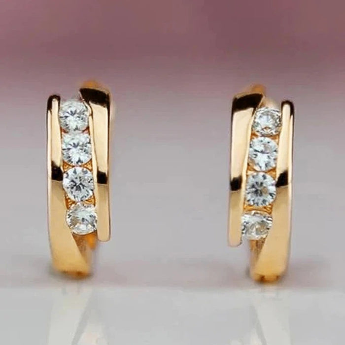 Gold Tone Four Stone Cross Band Huggie Hoop Earrings