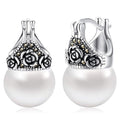 Antique Silver-Tone Rose Cap Pearl Drop Earrings, Latch-Back view 1