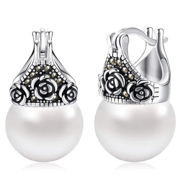 Antique Silver Rose Cap Pearl Drop Earrings Latch Back