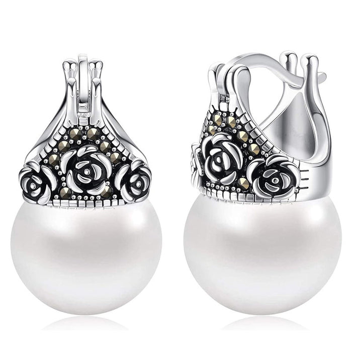 Antique Silver-Tone Rose Cap Pearl Drop Earrings, Latch-Back