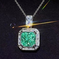 Silver Tone Green Square Stone Pendant Necklace Baguette Halo view 2