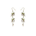Gold Tone Green Leaf White Flower And Pearl Long Hook Earrings view 5