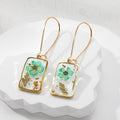 Gold Tone Rectangular Pressed Flower Resin Long Drop Earrings view 10