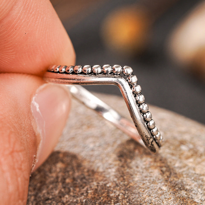 Antique Silver V Shape Beaded Band Ring Thin Metal Stack