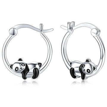 Silver-Tone Cartoon Panda Climbing Mini Hoop Earrings