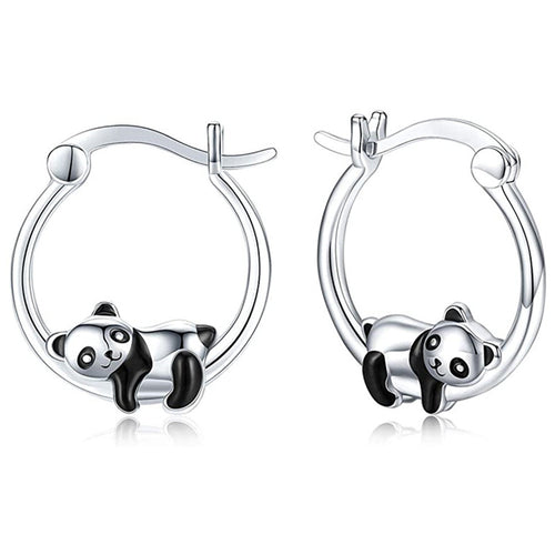 Pair of silver panda climbing mini hoop earrings front view