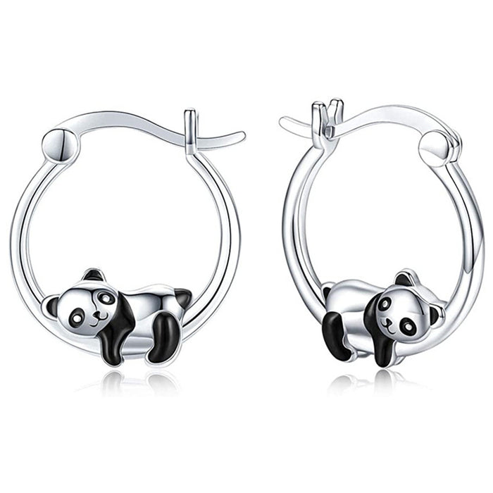 Silver-Tone Cartoon Panda Climbing Mini Hoop Earrings
