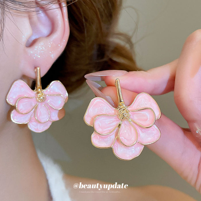 Pink Layered Petal and Gold Tone Leaf Stud Earrings