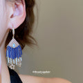 Blue Beaded Fringe Teardrop Hook Earrings with Clear Stones view 4