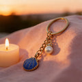 Blue Shell Pearl Rhinestone Key Ring Gold Tone Chain view 3