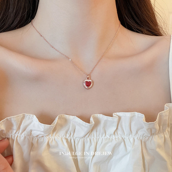 Red Heart Pendant Necklace With Rose Gold Tone Chain