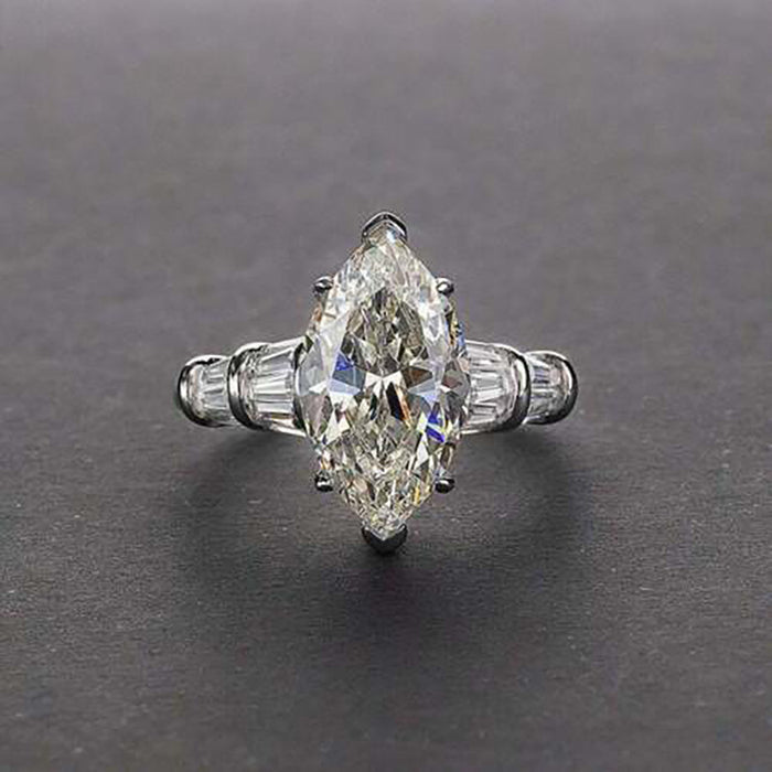 Marquise Clear Solitaire Trapezoid-Side Ring In Silver Tone