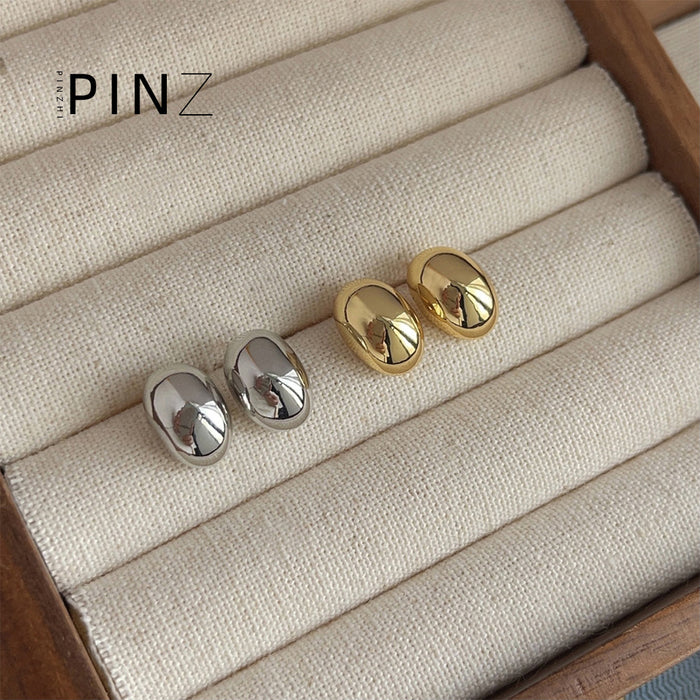 Polished Pebble Oval Bean Stud Earrings Gold Silver