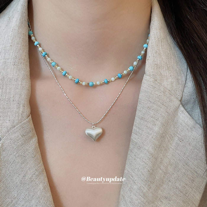 Blue Beaded Layered Necklace Set with Silver Heart Pendant