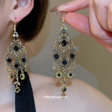 Black Crystal Filigree Chandelier Hook Earrings Fashion Jewelry