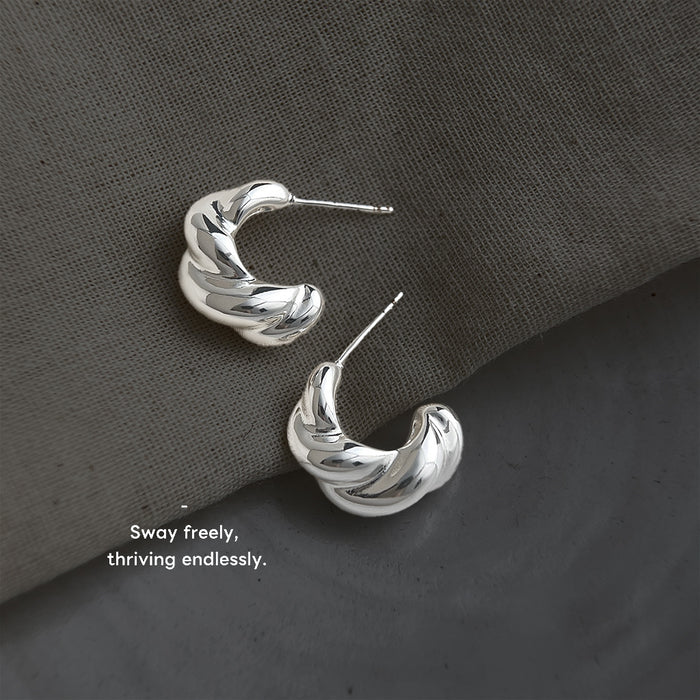 Silver Tone Sculpted Twist Chunky Hoop Stud Earrings For Women