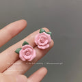 Pink Ceramic Rose Flower With Green Leaf Stud Earrings view 4