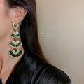 Green Four Tier Fan Crystal Dangle Statement Earrings view 2