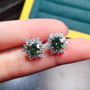 Silver Tone Green Round Stone Clear Halo Stud Earrings