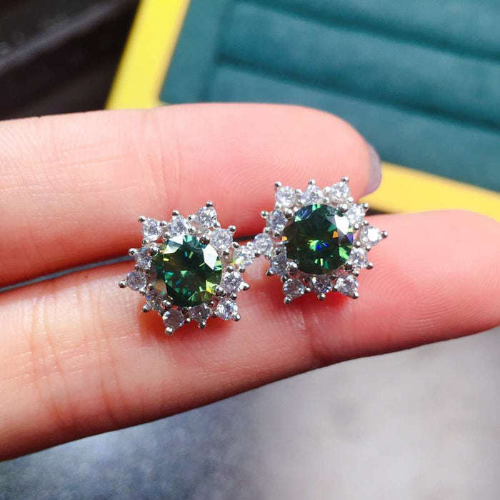 Silver Tone Green Round Stone Clear Halo Stud Earrings