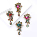 Antique Tone Floral Bird Brooch With Long Crystal Drop view 2