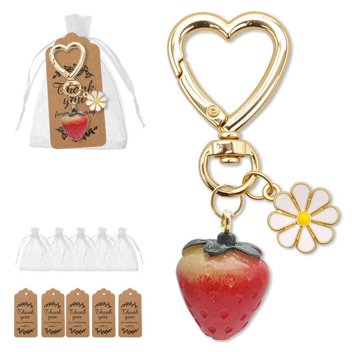 Gold Heart Clasp Strawberry Daisy Charm Keychain Metal
