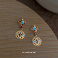 Gold Tone Aqua Red Cross Floral Medallion Drop Stud Earrings view 4