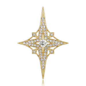 Eight Point Crystal Star Brooch in Silver and Gold Tones