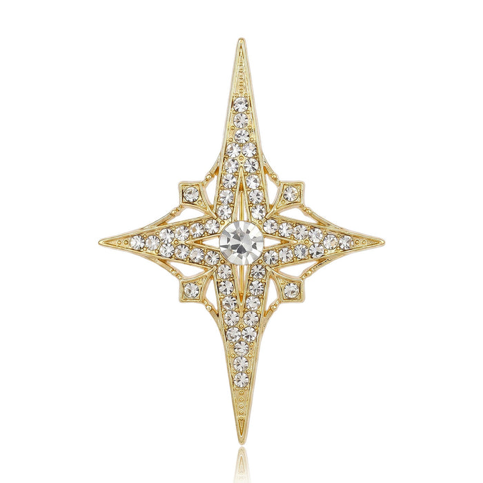 Eight Point Crystal Star Brooch in Silver and Gold Tones